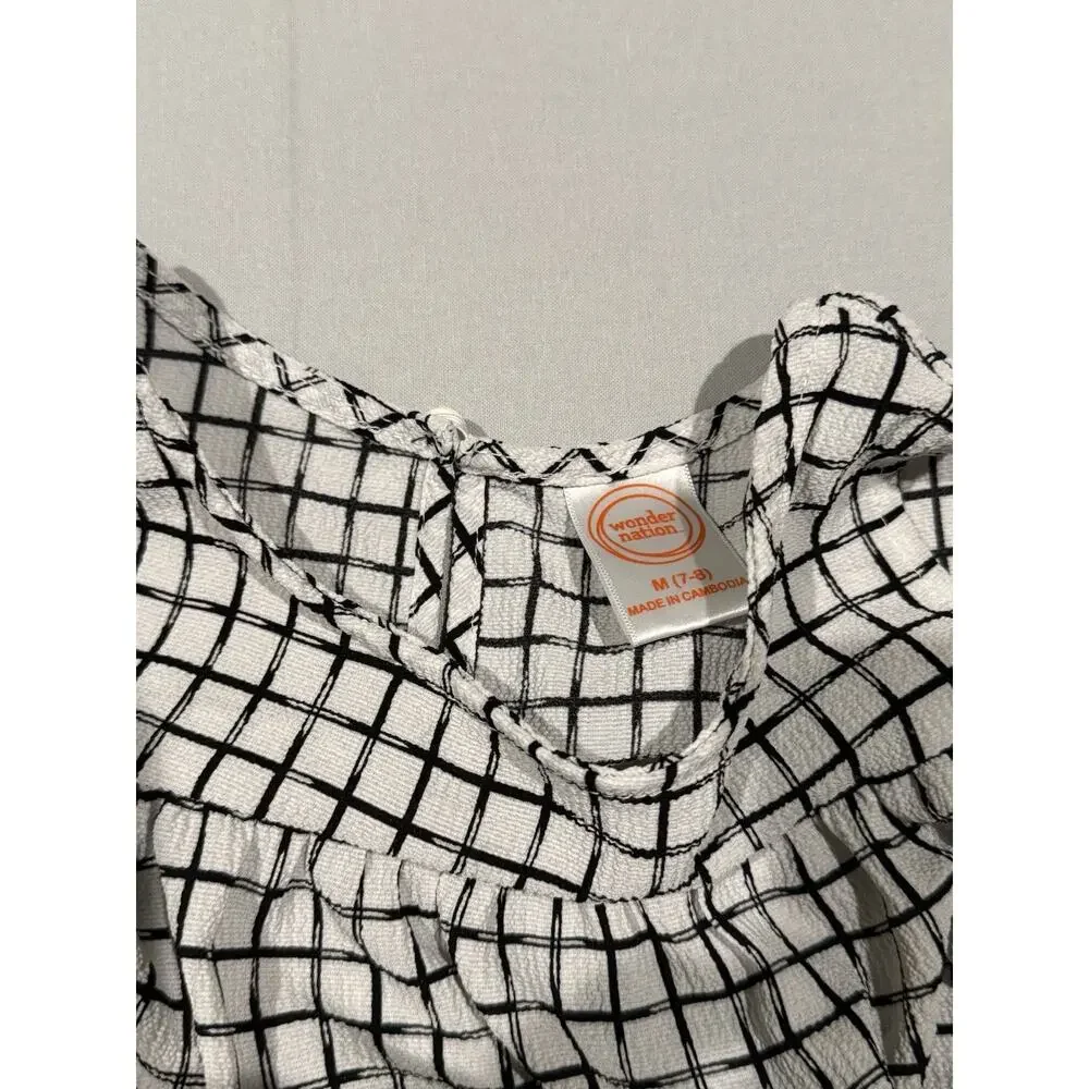 Wonder Nation Girls M (7-8) Black White Check A-Line Cold Shoulder Ruffle Dress